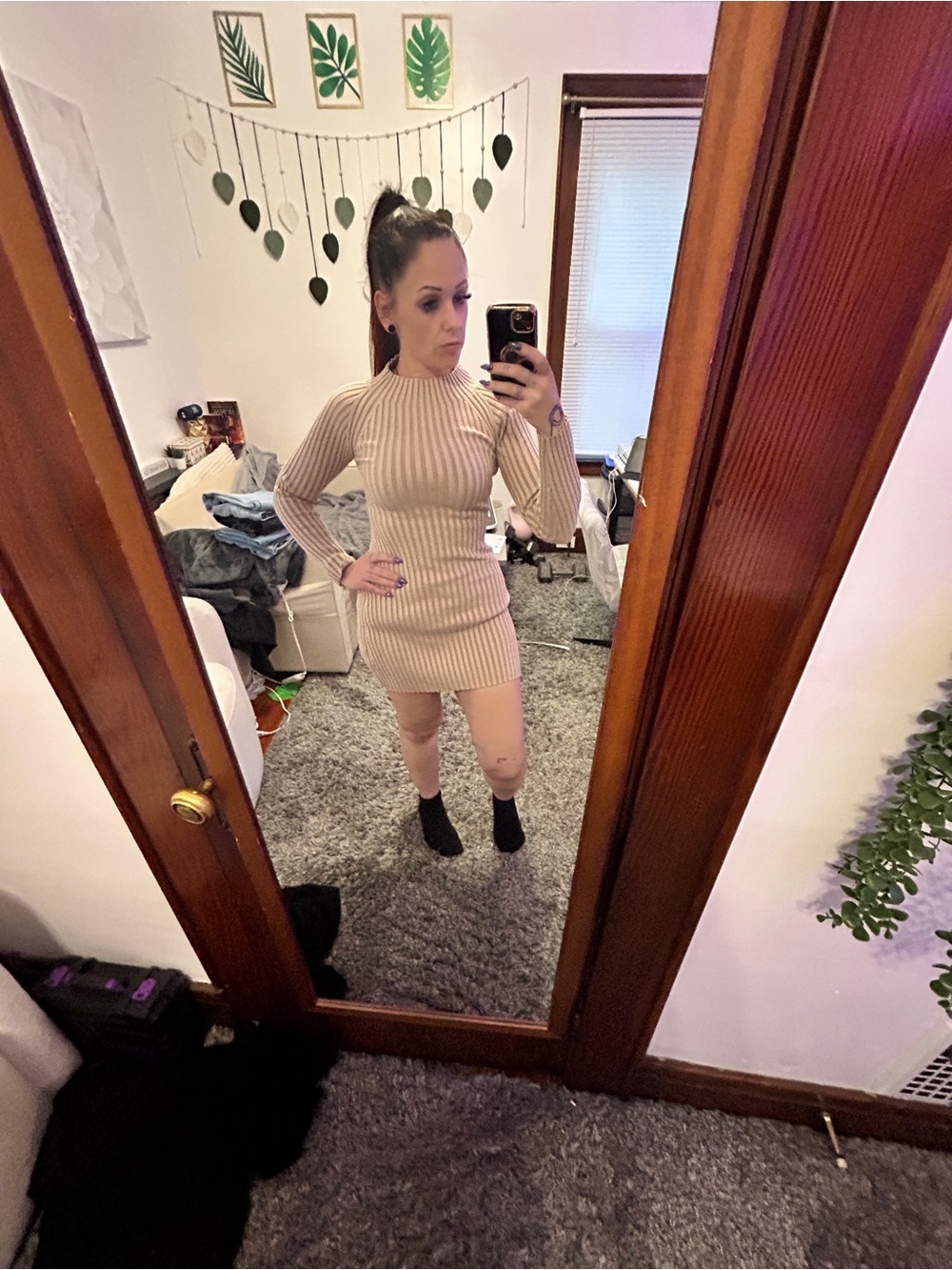 Lush Beige Ribbed Long-Sleeve Mini Dress